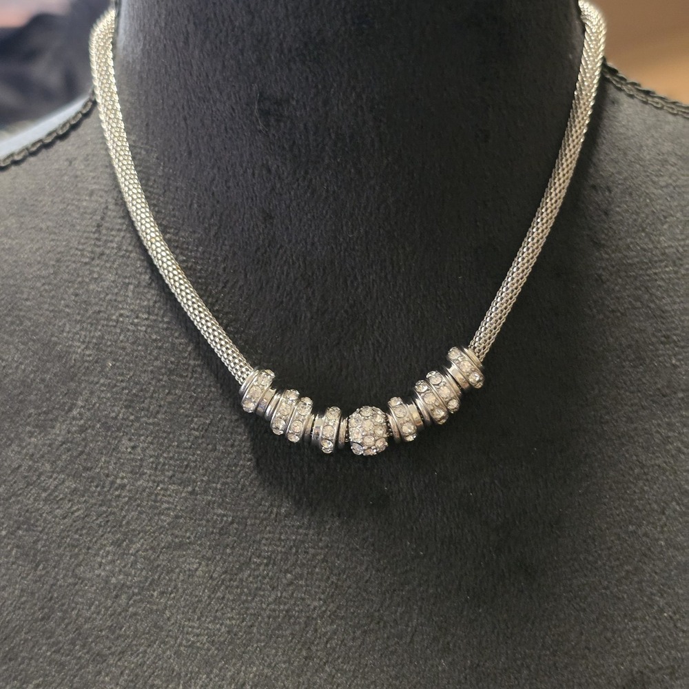 Vintage  Signed Ann Klein Silver Tone Rope Mesh Rhinestone Slide Bead Necklace